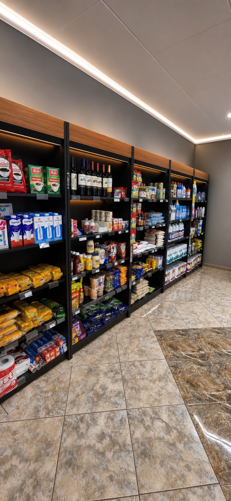 Gôndolas abastecidas com mercearia e produtos de limpeza