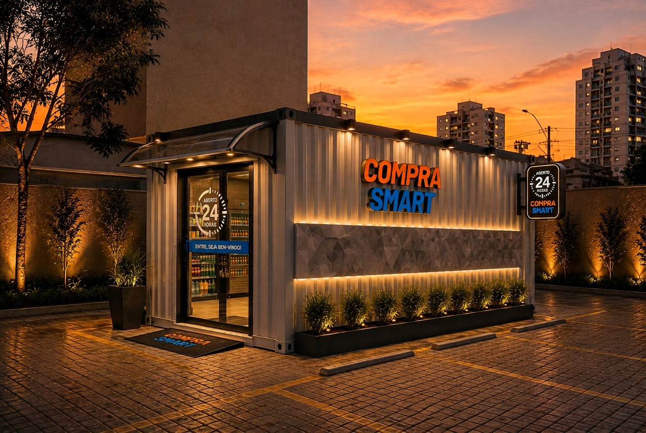 Fachada iluminada de uma unidade Compra Smart instalada em condomínio residencial