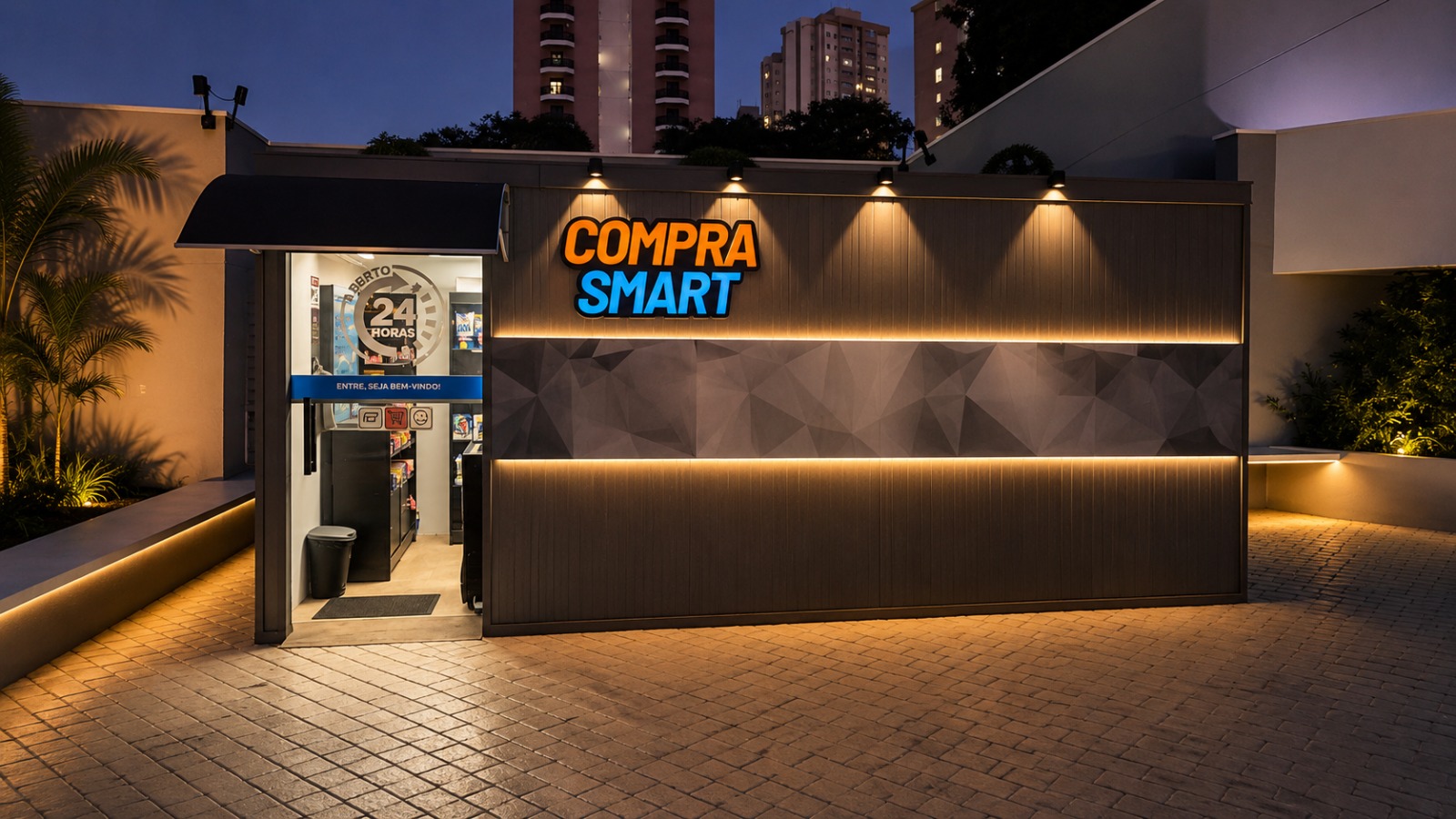 Fachada iluminada da loja Compra Smart aberta 24 horas